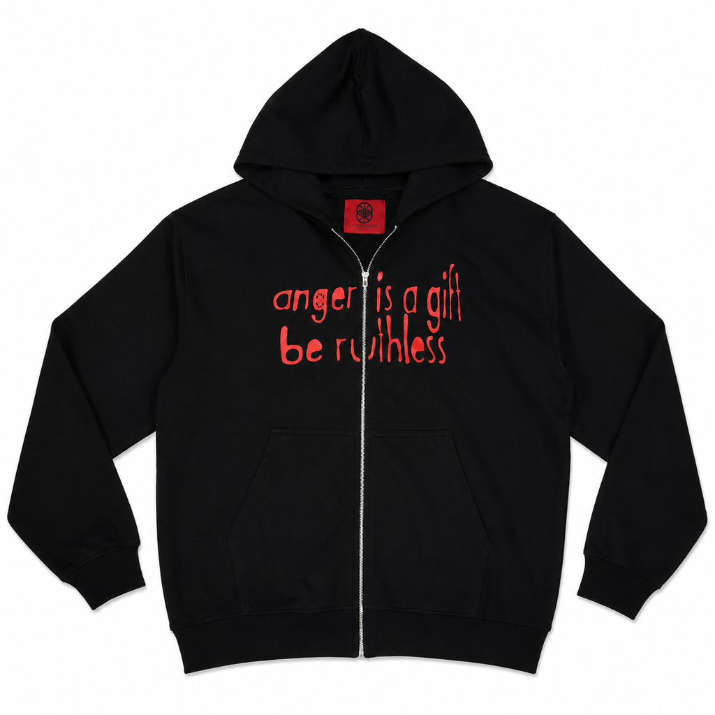 Anger is a Gift - Black zip-up Hoodie (Red print)